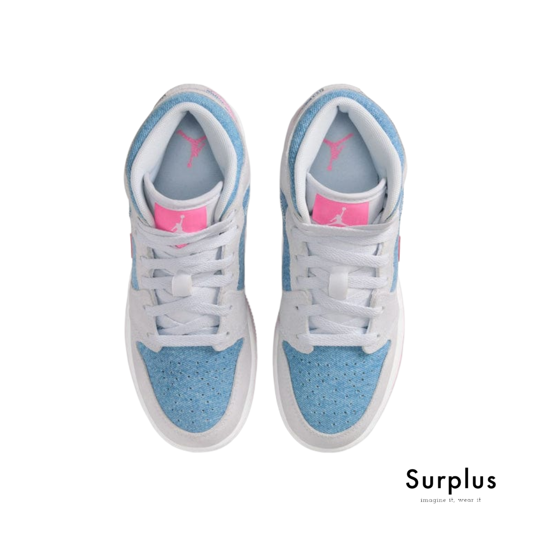 Jordan 1 Mid SE Denim Sequin (GS) Cobalt Bliss/ White/ Pink Glow