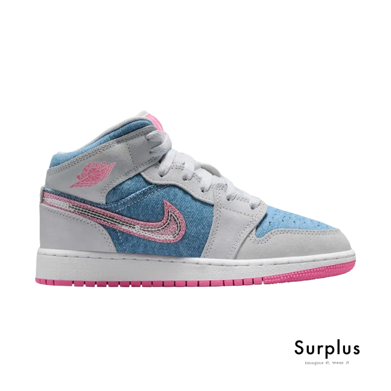 Jordan 1 Mid SE Denim Sequin (GS) Cobalt Bliss/ White/ Pink Glow