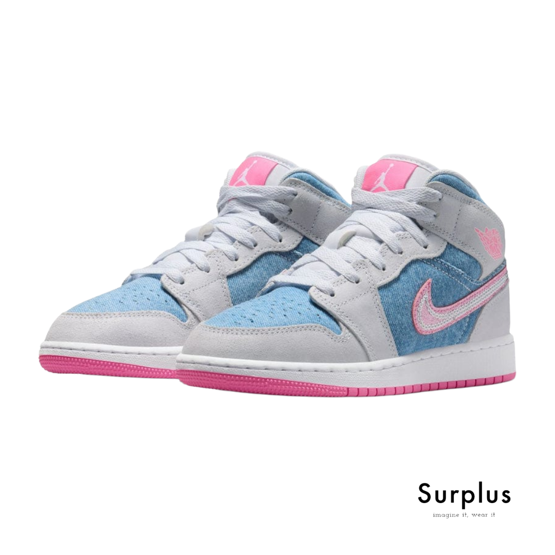 Jordan 1 Mid SE Denim Sequin (GS) Cobalt Bliss/ White/ Pink Glow